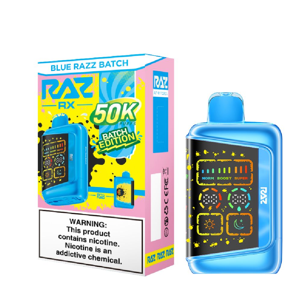 RAZ RX Dew Edt. 50K Disposable Blue Razz Batch with packaging