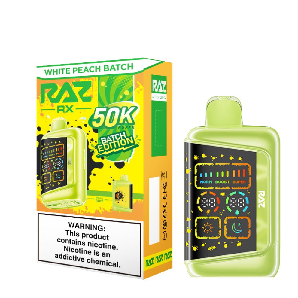 RAZ RX Dew Edt. 50K Disposable White Peach Batch with packaging