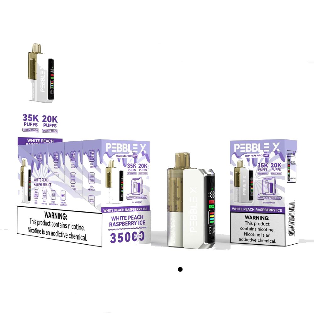 Pebble X 35K Disposable + Power Dock White Peach Raspberry Ice with packaging