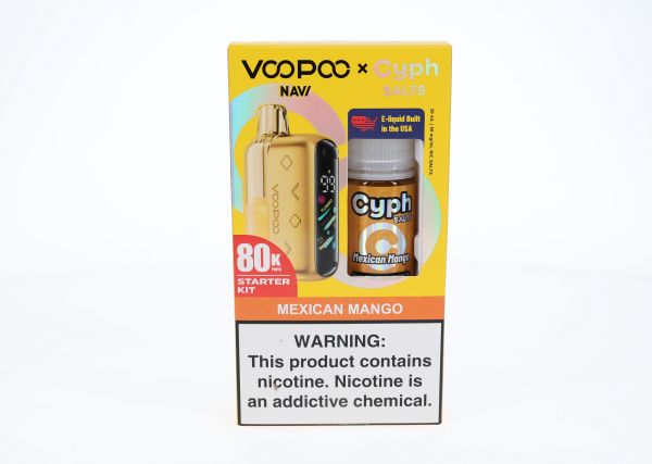 VooPoo Navi Pod System + Cyph Salts 30mL Collab Bundle Mexican Mango with packaging