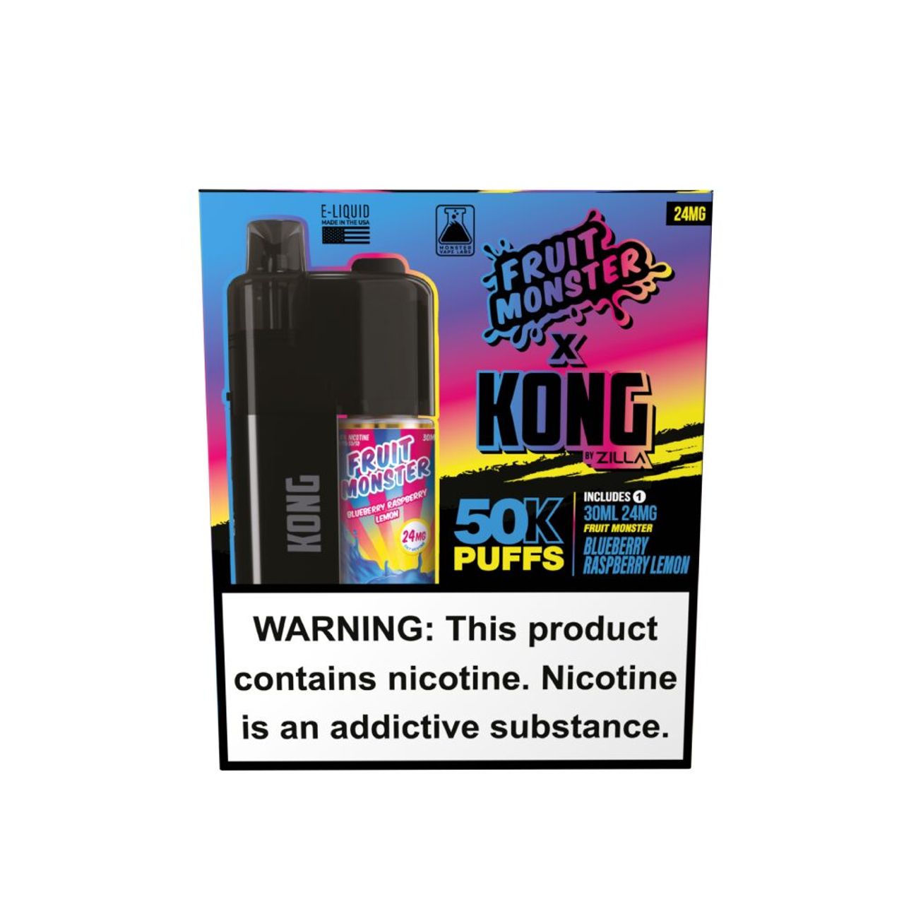 Zilla x Jam Monster Kong 50K Disposable 24mg Blueberry Raspberry Lemon with packaging