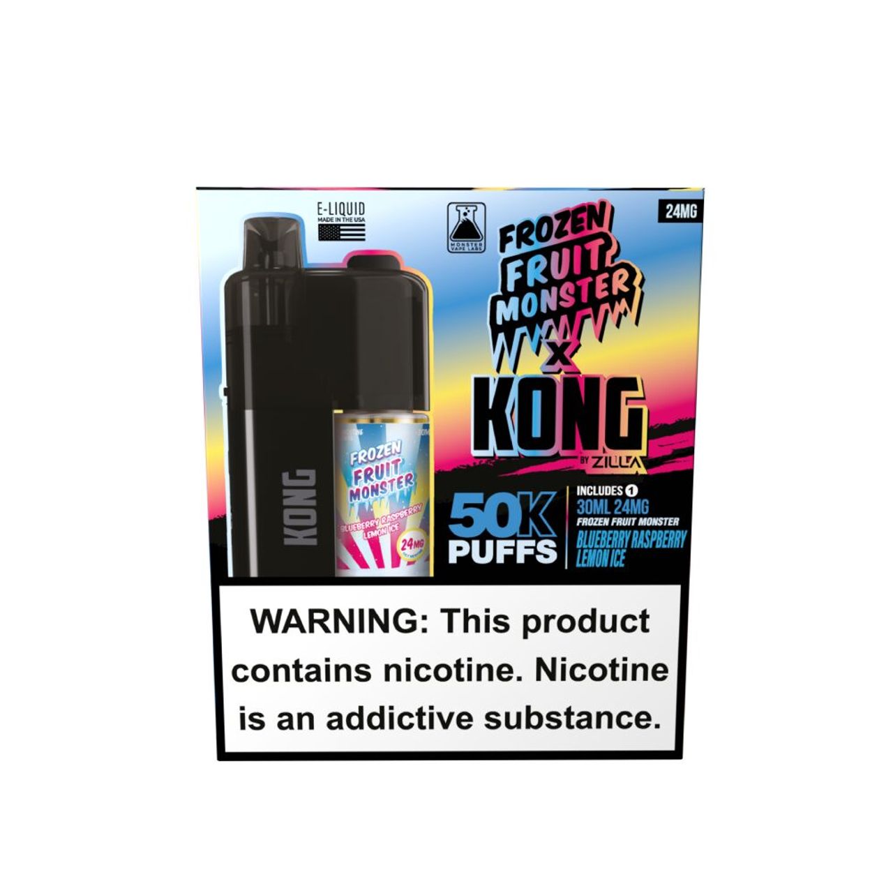 Zilla x Jam Monster Kong 50K Disposable 24mg Blueberry Raspberry Lemon Ice with packaging