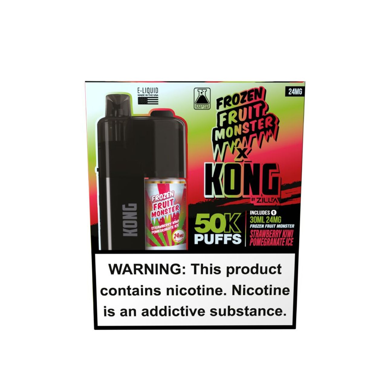 Zilla x Jam Monster Kong 50K Disposable 24mg Strawberry Kiwi Pomegranate Ice with packaging